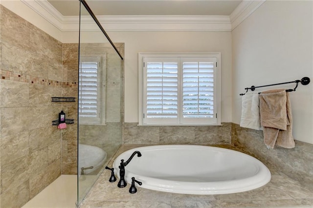 bathroom featuring ornamental molding, a tile shower, and a bath