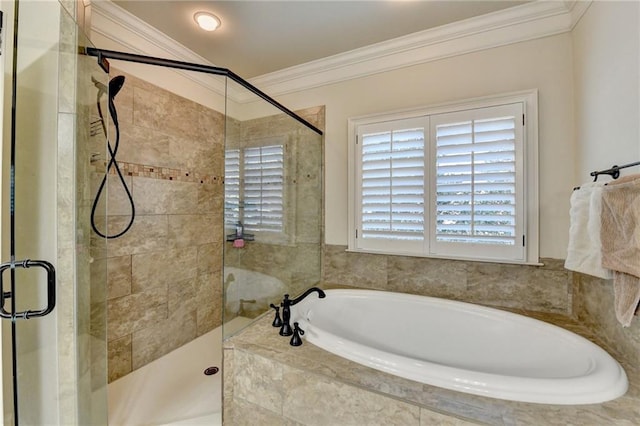 full bathroom with a garden tub, a shower stall, and crown molding