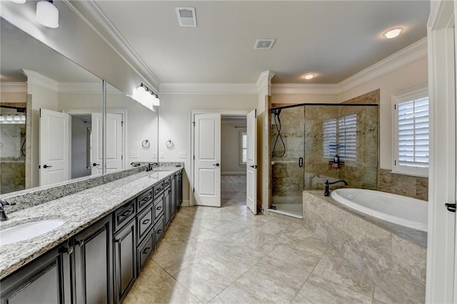 full bathroom with double vanity, visible vents, ornamental molding, a stall shower, and a sink