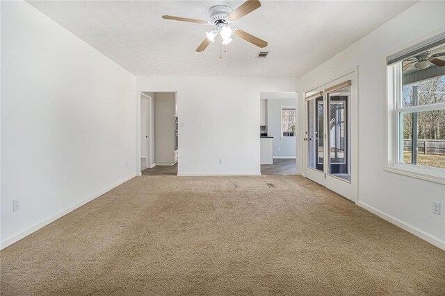 carpeted spare room with visible vents, baseboards, and a wealth of natural light