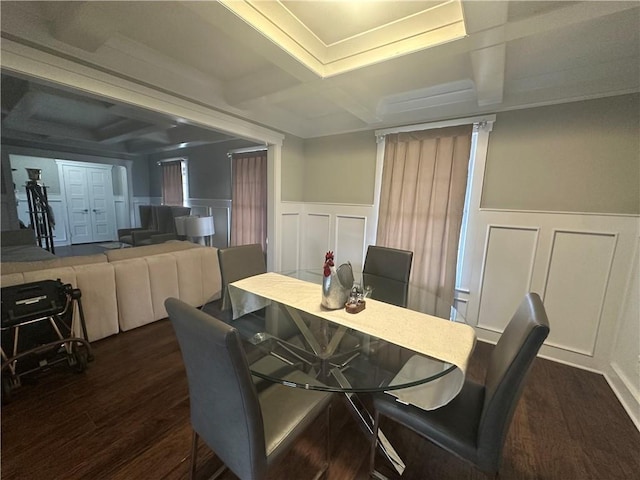 dining area with coffered ceiling, dark wood-type flooring, and beam ceiling