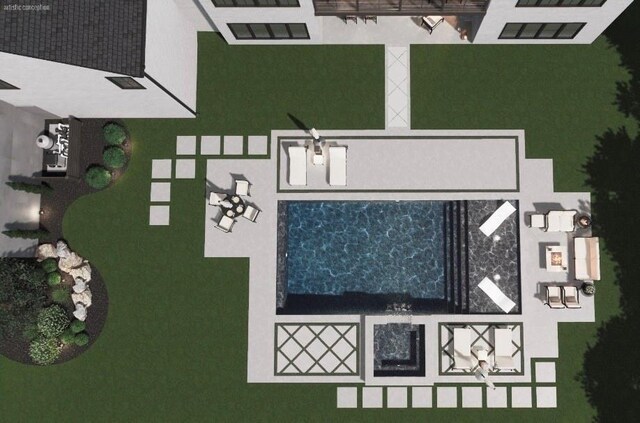 view of pool featuring a jacuzzi, a patio area, and a fire pit