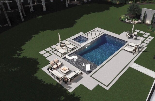 view of pool with a patio area and an outdoor living space with a fire pit