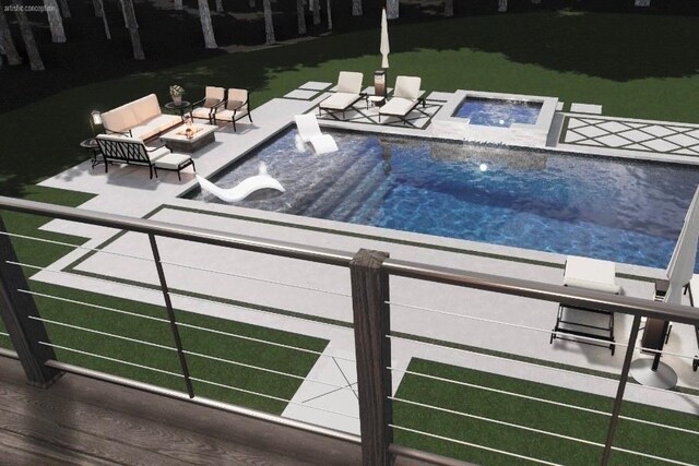 view of swimming pool with a patio and an outdoor fire pit