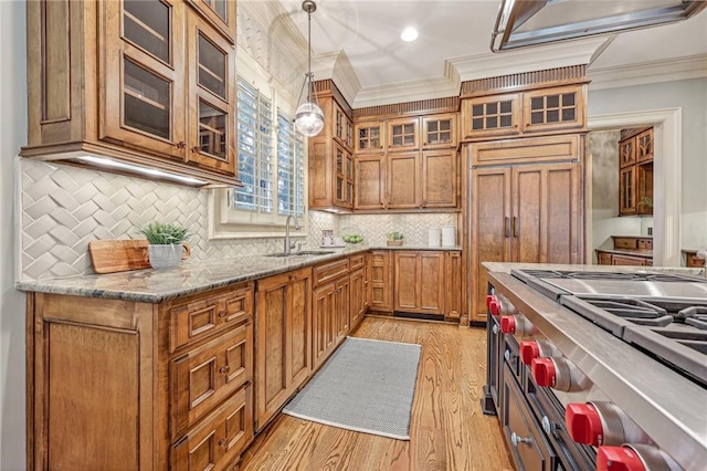 kitchen featuring light hardwood / wood-style flooring, crown molding, decorative light fixtures, and sink