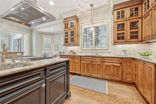 kitchen featuring island range hood, ornamental molding, sink, pendant lighting, and light wood-type flooring