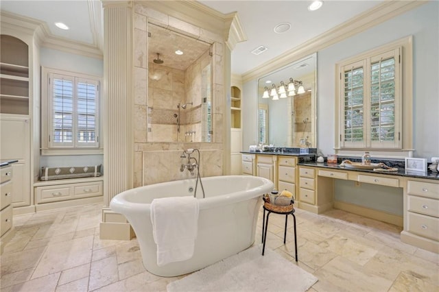 bathroom featuring vanity, crown molding, and plus walk in shower