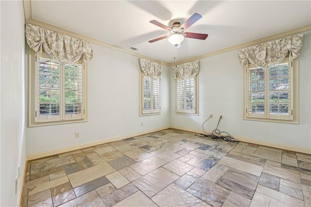 unfurnished room featuring crown molding and ceiling fan