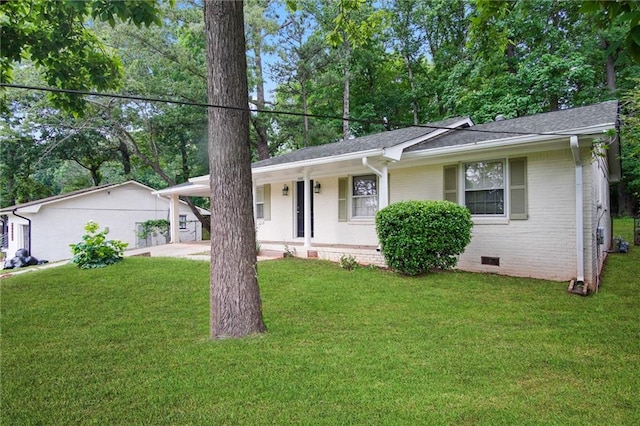 single story home with brick siding, crawl space, a front yard, and an attached carport