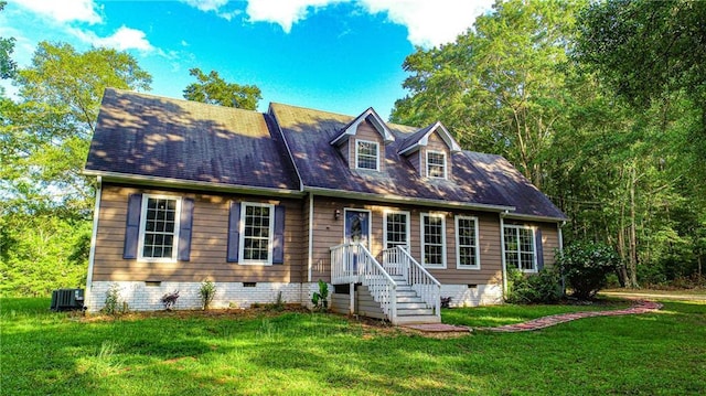 cape cod house with central air condition unit and a front lawn