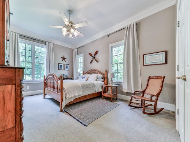 275 Frances Rd, Canton, GA 30114 - bedroom with ornamental molding, light carpet, baseboards, and ceiling fan