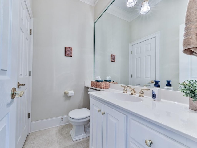 275 Frances Rd, Canton, GA 30114 - bathroom featuring crown molding, toilet, vanity, tile patterned flooring, and baseboards