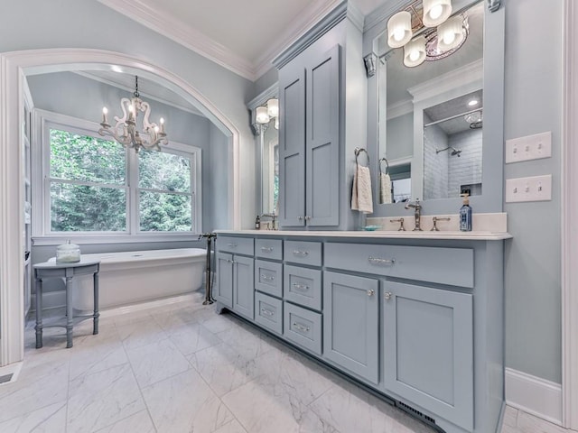 275 Frances Rd, Canton, GA 30114 - full bath featuring a chandelier, marble look tiles, double vanity, a freestanding bath, and ornamental molding