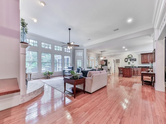 275 Frances Rd, Canton, GA 30114 - living room featuring a ceiling fan, light wood finished floors, crown molding, and recessed lighting