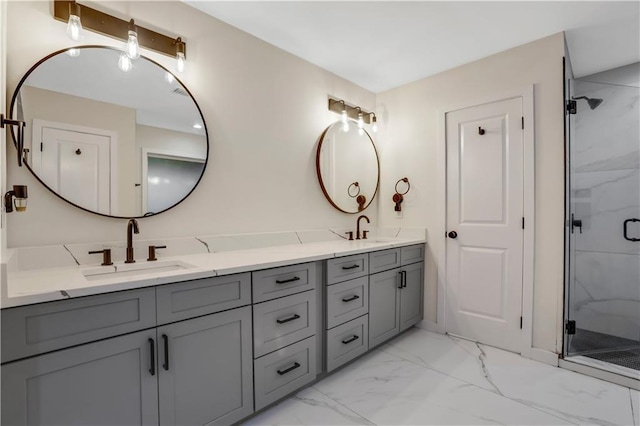 bathroom featuring vanity and a shower with door