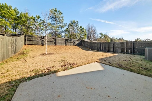 view of yard featuring central air condition unit and a patio area