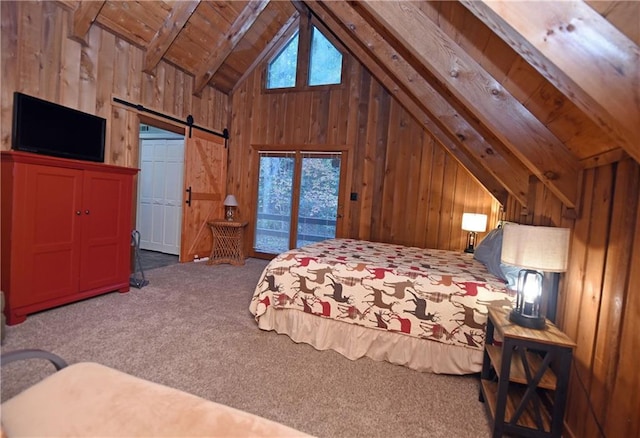 carpeted bedroom with lofted ceiling with beams, wood walls, access to exterior, and a barn door