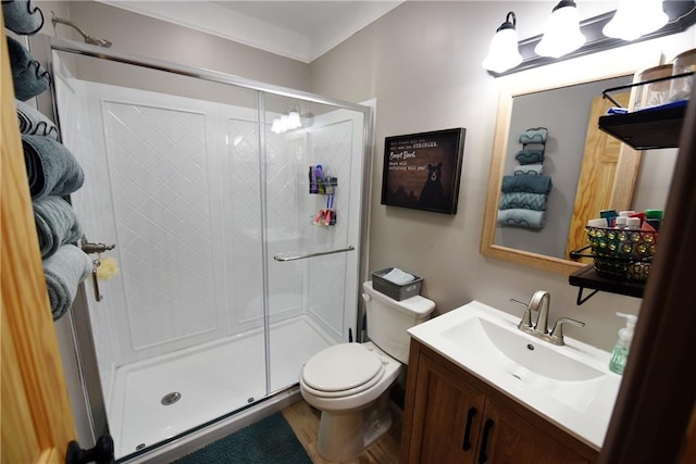 bathroom featuring an enclosed shower, vanity, and toilet