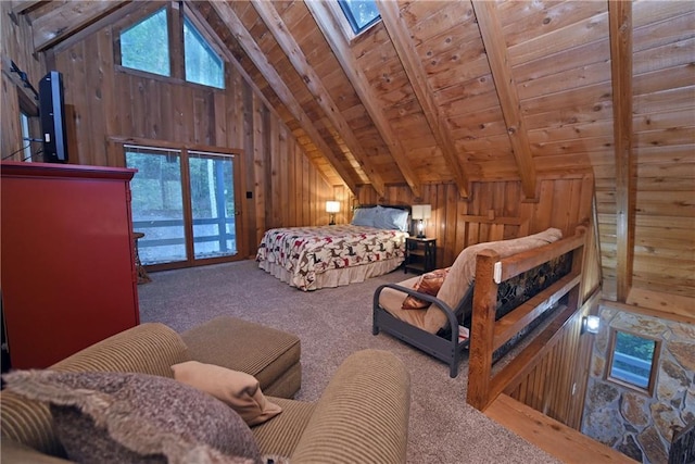 bedroom with wood ceiling, access to exterior, wood walls, carpet floors, and lofted ceiling with skylight