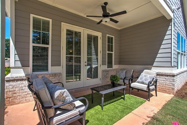 view of patio featuring french doors, an outdoor hangout area, and ceiling fan