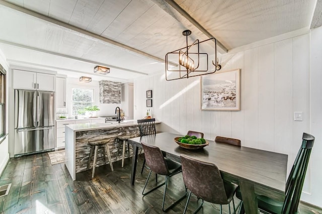 242 Buckskull Hollow Dr, Jasper, GA 30143 - dining space with dark wood-style floors, a chandelier, and wooden ceiling with exposed beams