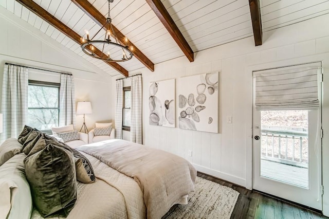 242 Buckskull Hollow Dr, Jasper, GA 30143 - bedroom with a chandelier, dark wood-style flooring, access to exterior, wooden ceiling, and wooden walls