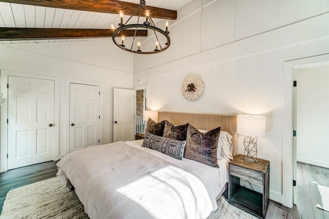 242 Buckskull Hollow Dr, Jasper, GA 30143 - bedroom featuring a chandelier, wood finished floors, beamed ceiling, and high vaulted ceiling