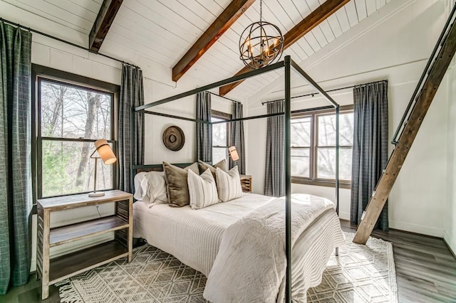 242 Buckskull Hollow Dr, Jasper, GA 30143 - bedroom featuring wooden ceiling, wood finished floors, and a chandelier