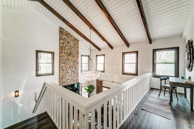 242 Buckskull Hollow Dr, Jasper, GA 30143 - hall featuring an upstairs landing, hardwood / wood-style flooring, high vaulted ceiling, and beamed ceiling