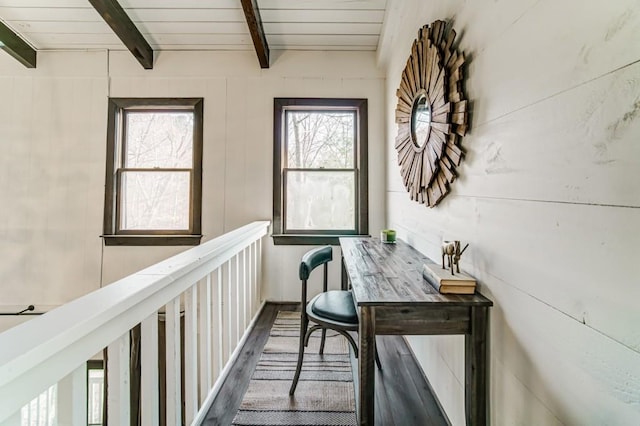 242 Buckskull Hollow Dr, Jasper, GA 30143 - office area featuring beamed ceiling and wood finished floors