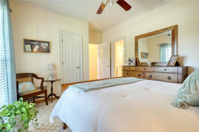 bedroom featuring ceiling fan and ornamental molding