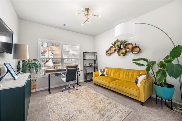 carpeted office space with a notable chandelier, visible vents, and baseboards