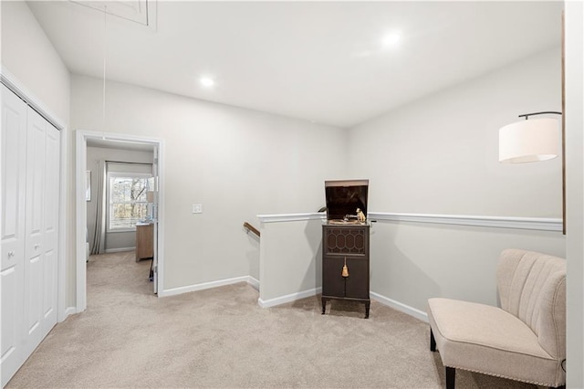 living area featuring attic access, carpet flooring, recessed lighting, and baseboards