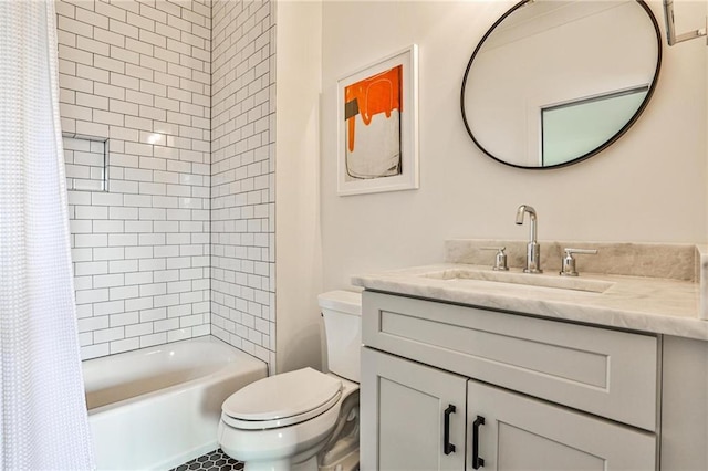 full bathroom with toilet, vanity, and shower / bathtub combination with curtain