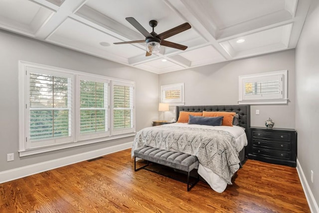 bedroom featuring beamed ceiling, hardwood / wood-style floors, coffered ceiling, and ceiling fan