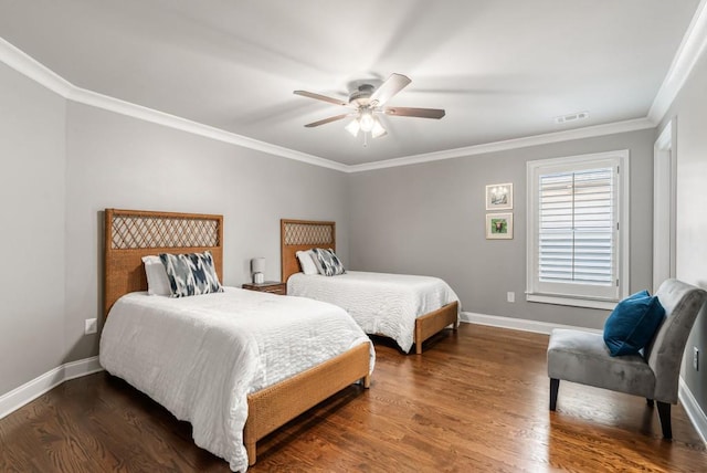 bedroom featuring dark wood-type flooring, ceiling fan, and crown molding