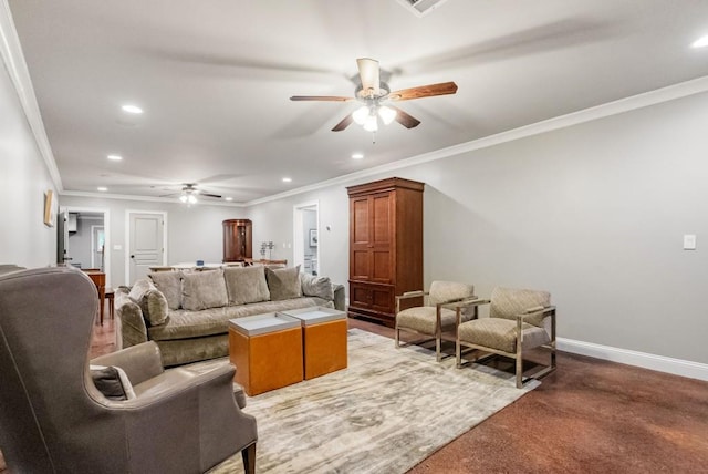 living room with crown molding, light colored carpet, and ceiling fan