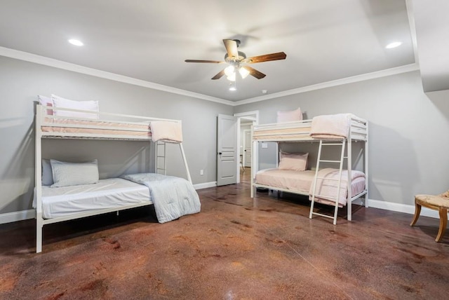 bedroom with crown molding, dark carpet, and ceiling fan