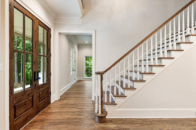 1960 Drummond Pond Rd, Milton, GA 30004 - entryway featuring ornamental molding, wood finished floors, stairs, and french doors