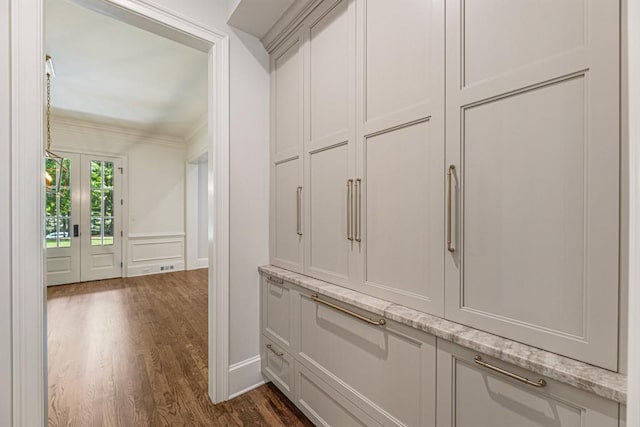 1960 Drummond Pond Rd, Milton, GA 30004 - hallway with dark wood-style flooring, ornamental molding, and a decorative wall