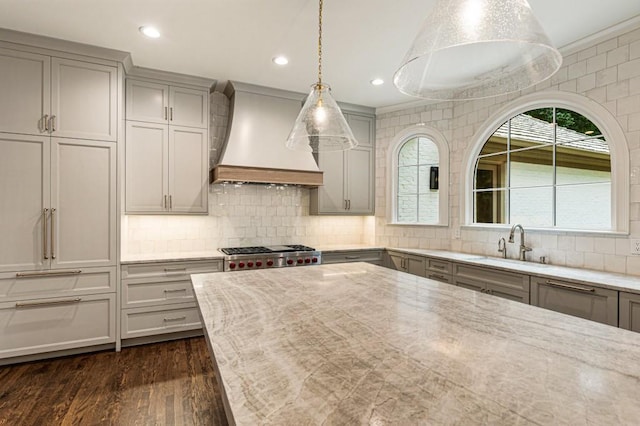 1960 Drummond Pond Rd, Milton, GA 30004 - kitchen featuring premium range hood, gray cabinets, dark wood finished floors, light stone countertops, and recessed lighting