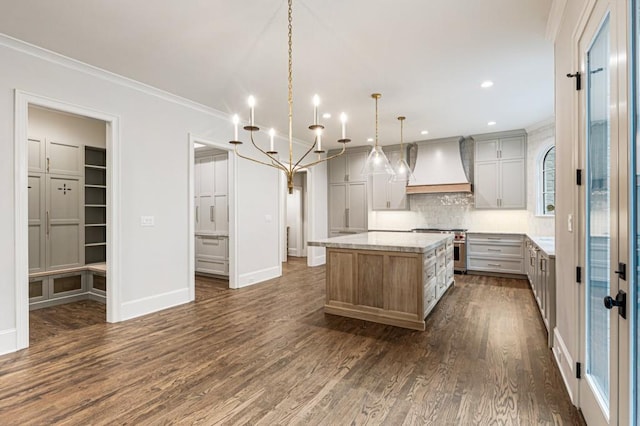 1960 Drummond Pond Rd, Milton, GA 30004 - kitchen featuring custom range hood, high end stove, dark wood-type flooring, decorative backsplash, and ornamental molding