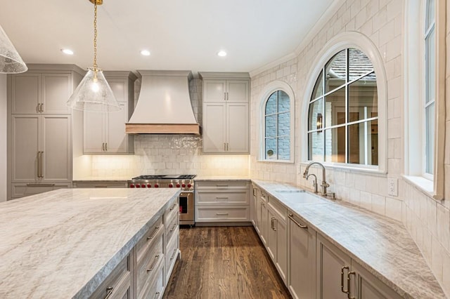 1960 Drummond Pond Rd, Milton, GA 30004 - kitchen with custom range hood, high end stainless steel range oven, gray cabinets, dark wood-style floors, and recessed lighting
