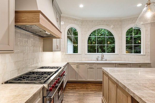 1960 Drummond Pond Rd, Milton, GA 30004 - kitchen featuring double oven range, custom range hood, dark wood-type flooring, decorative backsplash, and ornamental molding