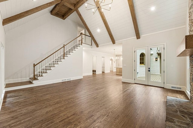 1960 Drummond Pond Rd, Milton, GA 30004 - unfurnished living room featuring a chandelier, high vaulted ceiling, a wooden ceiling with exposed beams, wood finished floors, and stairway