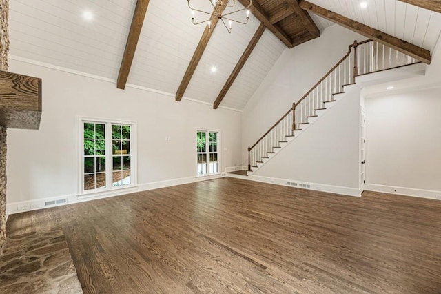 1960 Drummond Pond Rd, Milton, GA 30004 - unfurnished living room with high vaulted ceiling, wood finished floors, a chandelier, stairway, and a wood ceiling with exposed beams