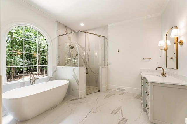 1960 Drummond Pond Rd, Milton, GA 30004 - full bathroom featuring a marble finish shower, vanity, a freestanding tub, marble tiled flooring, and ornamental molding