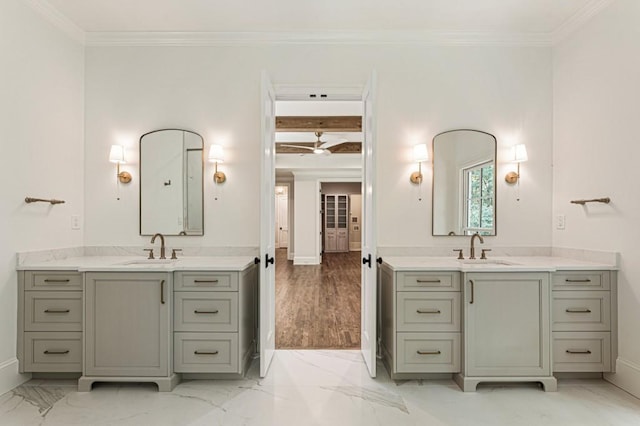 1960 Drummond Pond Rd, Milton, GA 30004 - full bathroom featuring two vanities, marble finish floors, and ornamental molding