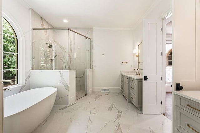 1960 Drummond Pond Rd, Milton, GA 30004 - full bath featuring vanity, a marble finish shower, a soaking tub, marble tiled flooring, and ornamental molding