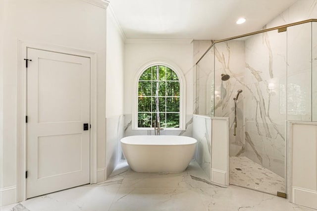1960 Drummond Pond Rd, Milton, GA 30004 - full bath featuring marble tiled floors, a marble finish shower, a freestanding bath, ornamental molding, and recessed lighting